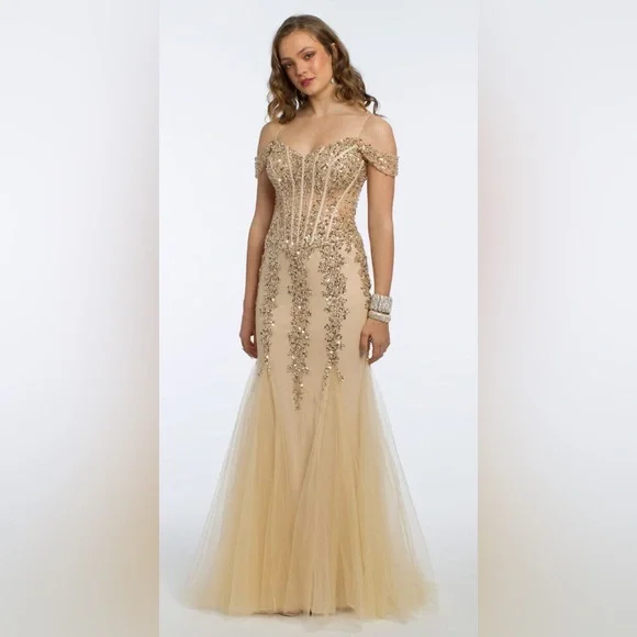 Jovani | Dresses | Illusion Corset Off The Shoulder Godet Dress Golden Prom  Dress | Poshmark